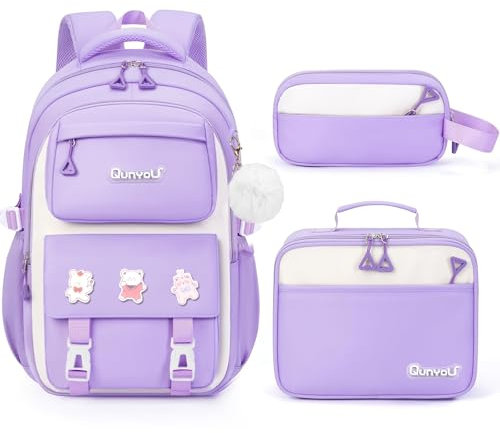 Amythe Set Schulrucksack Mädchen 3. bis 7. Klasse, 2025 Schulranzen mit Lunch Tasche Federmäppchen für Schule Reisen für 15.6 Laptop-Lila, 22L