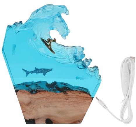 Garosa LED-Ozean-Nachtlicht, 3D-Tischlampe aus Kunstharz mit Epoxid-Design, Stromversorgung über USB, 20 cm Surfen, aus Hochwertigem Kunstharz und Holz Gefertigt, Geeignet für die