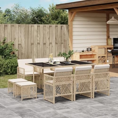 IKAYAA Rattan Gartenmöbel Set mit 10 Gartenstuhl Garten Sitzgruppe 10 Personen Polyrattan Sitzgruppe Essgruppe Outdoor Sitzgarnitur Gartengarnitur Rattanmöbel -Beige und Creme-11-tlg-Typ 3