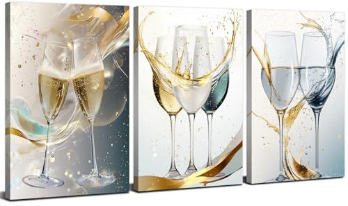 Modern Kitchen Wall Art Wine Glass Pictures Wall Decor Set of 3, Abstract Champagne Paintings Canvas Prints Minimalist Kitchen Posters, Sliver Gold Wall Artwork Home Family Bar Decorations 12x16”