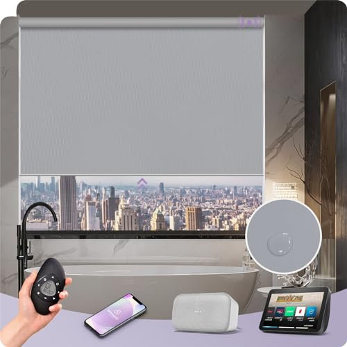 Smart Elektrischer Rollo, kompatibel mit Alexa und Google, anpassbar, wiederaufladbar, wasserdicht, motorisiert, mit Fernbedienung, Hellgrau