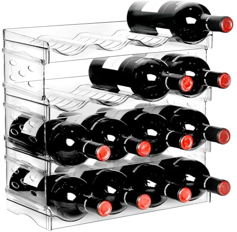 BoxedHome Étagère à vin empilable pour bouteilles d'eau, porte-bouteilles en plastique, organisateur de placard, rangement pour congélateur, armoire, garde-manger (4 niveaux 16 bouteilles)