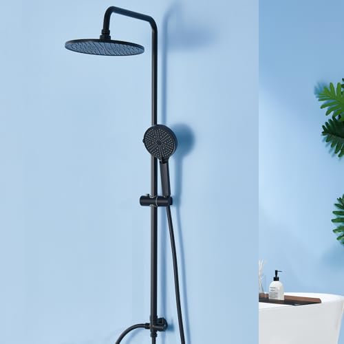 Auralum Colonne de Douche sans Mitigeur, Douche pluie 250 mm, Douchette à 4 Modes, Ensemble de Douche Réglable en Hauteur, Noir