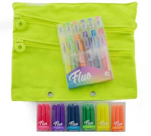 office box, Fluoreszierende Textmarker, nachfüllbar, fluoreszierend, umweltfreundlich, mit der stärksten, flüssigen und erstaunlichsten Tinte, ideal für Federmäppchen. (Fluo Pack 6 + 6 Ersatzminen)