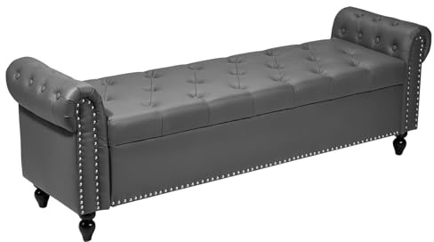 VEVOR Banc Coffre en Cuir PU 166 cm, Bout de Lit avec Rangement, Accoudoirs et Pieds en Bois, Banquette Capitonnée, Meuble pour Chambre à Coucher, Entrée, Salon, Salle à Manger, Couloir, Gris