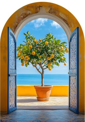 STYLER Glasbild Manarola 70x100 cm – Mediterrane Landschaft mit Zitronenbaum & Meeresblick – Sommerliches Kunstwerk mit elegantem Bogen-Design