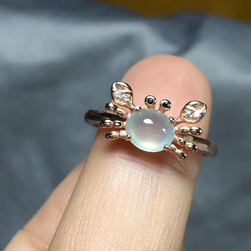 Offener Ring aus 18-karätigem Gelbgold mit blauem Mondstein – natürliches High-Ice-Chalcone-Set, Eigesicht, kleine Krabbe, Sterlingsilber