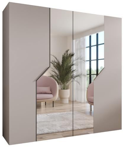 MEBLE KRYSPOL - Kleiderschrank - Garderobenschrank - 200 cm x 202 x 52 cm - Schrank mit Kleiderstange und Spiegel, 4 Türen - für Schlafzimmer, Flur - Andrew, Kaschmir, Griff Kaschmir
