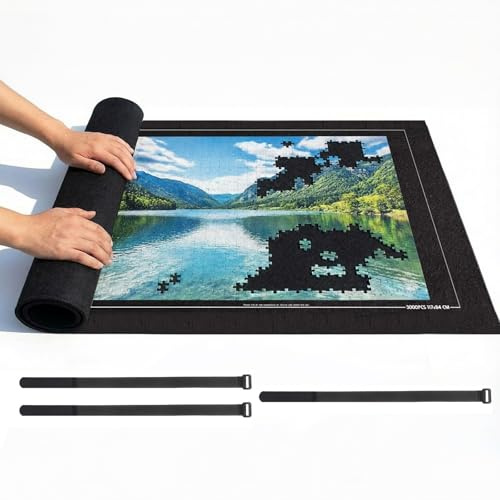 Jigsaw Mat Roll, Puzzle Mats for Jigsaws Up to 500/1000/1500, 26x46 inches | Large Jigsaw Board for Easy Move & Store, Non-Slip Portable Puzzle Storage Mats Includes Straps, for Adults & Kids, Black