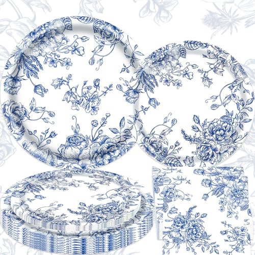 Blue White Floral Plates Napkins Flower Vintage Floral Plate | for Wedding Bridal Shower Baby Shower Tea Party Supplies 20 Guests