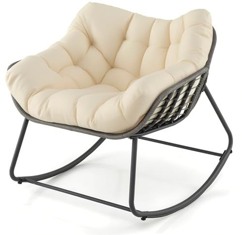 LIFEZEAL Rattan Schaukelstuhl Garten, Schwingsessel Schaukelsessel Outdoor, Relaxstuhl mit gepolstertem Kissen, Lesesessel für Balkon, Veranda, Wohnzimmer und Terrasse (Beige)