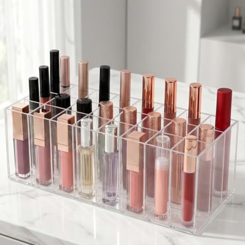 HINATDD 24 Plätze Lippenstift Organizer, Transparente Make Up Organizer | Acryl Lippenstift Halter, Kosmetikhalter, Lippenstifthalter Kosmetik, Aufbewahrungsbox für Pinsel, Nagellack, Kleine Schminke