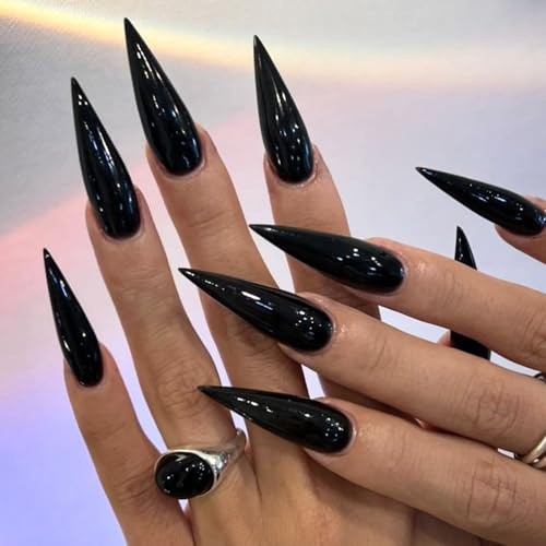 Ceboic 24Pcs Long Press on Nails Stiletto, Pure Black French Tip False Nails, Handmade Acrylic Full Cover Fake Nail with Glue Stickers, Removable Reusable Artificial Stick on Nails for Women Girls