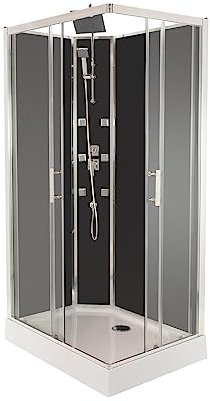 ONDÉE, Cabine hydromassante SELIA, Montage sans silicone, Accès d'angle à portes coulissantes verre trempé, 6 buses hydromassantes carrées, Barre de douche col de cygne, 110x80x228cm