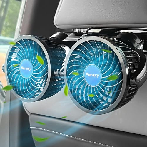 poraxy Car Fan, 12V Electric Auto Cooling Fan for Backseat, Headrest 360 Degree Rotatable Dual Head Stepless Speed Rear Seat Air Fan for Sedan SUV RV Boat