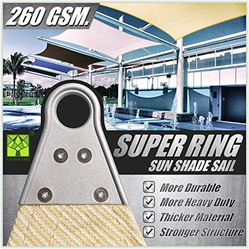 ColourTree Sonnensegel mit dreieckigem Ring, sehr langlebig, robust, verstärkte Ecken, 260 g/m², wasserdurchlässiger Stoff, Beige