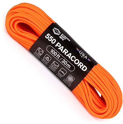 Atwood Rope MFG 550 Paracord 100 Feet 7-Strand Core Nylon Parachute Cord Outside Survival Gear Made in USA | Lanyards, Bracelets, Handle Wraps, Keychain (Neon Orange)