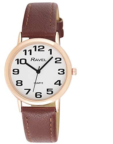 Ravel - Damen - Armbanduhr mit großen Ziffern - Braun/Roségold ton/weißes Zifferblatt