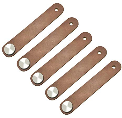 POFET 5pcs Nordic Wardrobe Cabinet Door Handle Soft PU Leather Door Handles for Cupboard Drawer Pull Knobs Furniture Hardware(26 x 140mm)- Brown