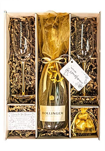 Gold Bollinger Champagne Special Cuvee 75cl Gift Set Hamper With 2 Matching Champagne Flutes, Fully Gift Boxed - Birthday, Congratulations Gift, For Women and Men (Metallic Stems)