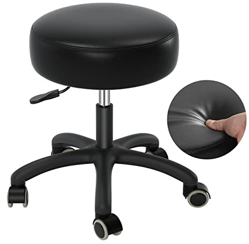 SALONFACTORY Rollhocker mit Rollen, robuster Wimpernstuhl, verstellbar für Tatoo, Labor, Massagestudio, Spa, Zeichnen, Nagelunterricht, 360° drehbar, Leder, dicke Sitzpolsterung, schwarz