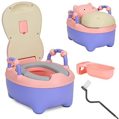 Ikodm Baby Toilette Toilettensitz, Kinder Töpfchen, Typ der Schublade Baby Potty, Toilettentrainer mit Griffe, Bürste, weiches PU-Kissen, Babytopf Anti-Spritzschutz, Cartoon Deckel(Rosa)