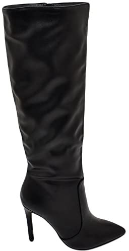Malu Shoes Stivali alti donna al ginocchio in pelle nero a punta tacco a spillo 12 cm zip lunga aderente moda linea Basic (38 EU)