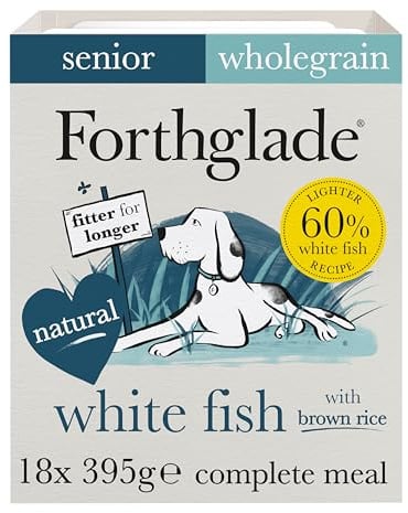 Forthglade Wet Dog Food (18 x 395g Trays) - Senior 7 Years+, Wholegrain & Hypoallergenic Dog Food, White Fish with Vegetables and Brown Rice, Stomach Sensitive Meals with Natural Ingredients