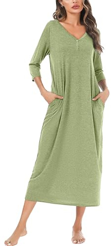 Leversic Women's Long Nightdress 3/4 Sleeve Cotton Long Nightgown Button V Neck Soft Nighties Loose Fit Women’s Dressing Gown With Pockets(Green,XL)