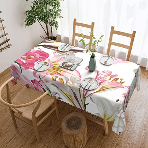 Rechteckige Garten Tischdecke Schöne Rosa Lilien-Blumen Und Rosen Wachstuch Wetterfeste Tischdecke Abwaschbar Wachstischdecke Für Party Garten Terrasse,137X183cm