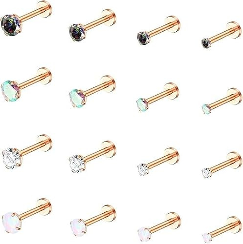 KALVICA 16 Stück Piercing Stecker Set für Nase, Ohr und Lippe | 16G Edelstahl Piercings mit Zirkonia-Aufsätzen, roségoldfarbene Optik für Helix, Tragus, Conch, Lobe, Labret, Monroe