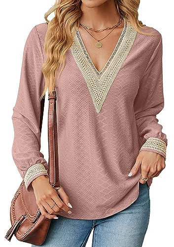 Coloody Femme Chemise T-Shirt Manches Longue Chemiser Mousseline Casual Blouse Col en V Couleur Unie Dentelle Haut Tops Tunique-Rose pâle-M