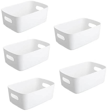 Pack of 5 Storage Baskets with Handle – Rectangular Home & Kitchen Organiser Strong Plastic Cupboard Storage Boxes 3 sizes (Small (20.5 x 14.5 x 7.5 cm), 5 Pcs White)