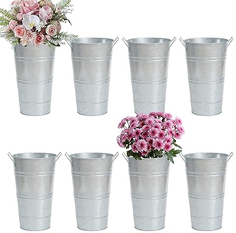 Notakia Große verzinkte Metallvasen, Bauernhaus, französische Blumenvasen für Schnittblumen, Heimdekoration und Hochzeitstischdekoration, 8 Stück (groß, silberfarben)