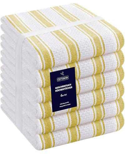 COTTONIVA Trapos de Cocina algodón 100% Juego de 6 - Absorbente Toallas de té - Toallas de Bar - Lavable a máquina Paños de Cocina 40 x 66 cm Amarillo