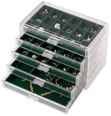 Frebeauty Boîte de rangement en acrylique transparent pour bijoux et boucles d'oreilles avec 5 tiroirs et plateaux en velours pour femme - Pour bagues et clous d'oreilles, vert noirâtre