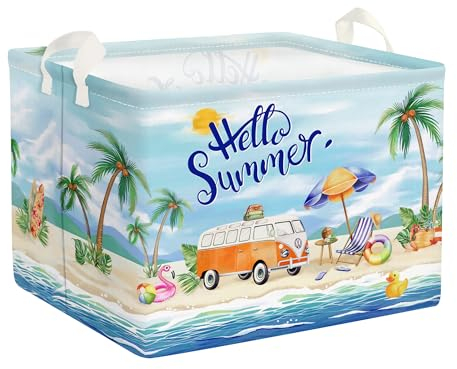 Clastyle Cajas de Almacenaje Azul Verano Costa Arenosa Palmera Cesta para Guardar Ropa Bikini Toalla de Playa Ropa Rectangular para Vacaciones, 36L