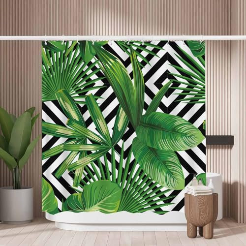 Woutay Shower Curtain Mould Proof Resistant Green Palm Leaves,Water Repellant Fabric,Polyester,with 12 Plastic Hooks