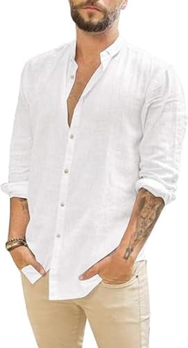 Runcati Men's Linen Shirt Long Sleeve Summer Beach Shirt Casual Regular Fit Casual Shirt Shirts