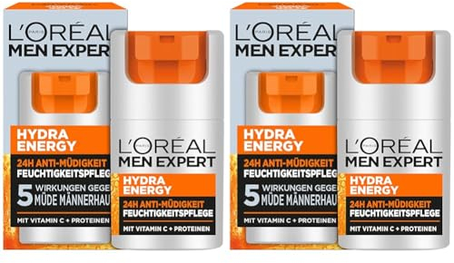 L'Oréal Men Expert Gesichtspflege gegen müde Haut für Männer, Belebende Feuchtigkeitscreme 24H Anti-Müdigkeit, Gesichtscreme für Herren mit Vitamin C und Proteinen, Hydra Energy, 1 x 50 ml
