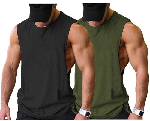 COOFANDY Tank Top Herren Gym Oversize Ärmelloses Shirt Workout Männer Muskelshirts Schwarz Armeegrün 2 Stück XL