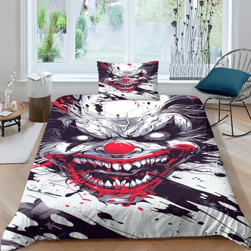 Horror Joker 3D Bettbezüge Horror Bettwäsche Set Weiche Und Angenehme Microfaser 2St Mit Reißverschluss Verschluss Und Kissenbezug Bettbezug Set Für Kinder Jungen Mädchen Single(135x200cm)