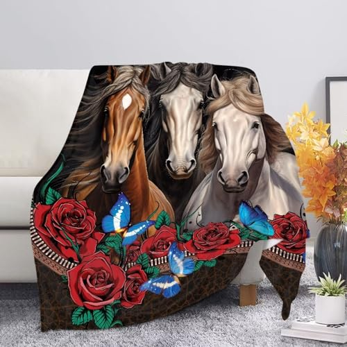 JUZGTSIT Fleecedecke mit Rosen- und Schmetterlings-Motiv, weich, warm, Winter, Couch, Überwurf, Cozyofa-Decke, Geschenke für Pferdeliebhaber, 125 x 150 cm