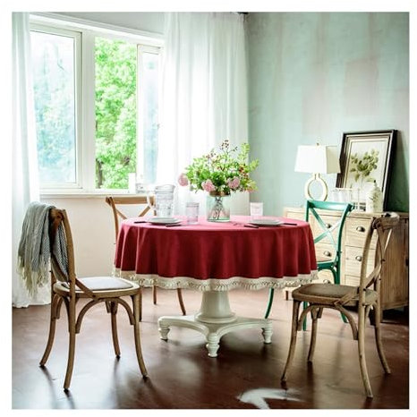 Lieson Tischdecke Rund 260 cm, Polyester Tischtuch Abwaschbar Einfarbig mit Kreuz Quasten Tischwäsche für Wohnzimmer, Esszimmer, Balkon, Garten, Rot