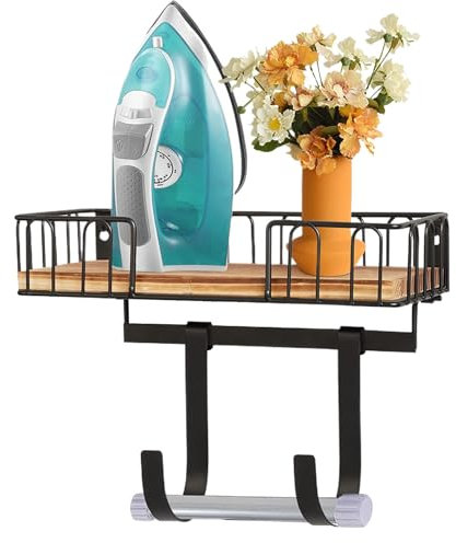 Ironing Board Hanger, Wall Mounted Ironing Board Holder, Iron Board Holder, Easy to Install Metal Board Holder Organization with Wooden Base Basket and Adjustable Hooks, Ironing Board Hanger Shelf