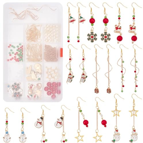 INFUNLY 1 Box DIY 10 Pair Christmas Gold Snowman Earrings Making Kit Snowflake Santa Claus Gift Box Charm Pendants Christmas Tree Enamel Gold Charms for Jewellery Earring Making with Instruction