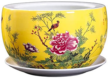 Blumentöpfe für Sukkulenten, runder gelber Blumentopf im chinesischen Stil, Keramik-Kaktus-Töpfe mit Tablett und Abflussloch, ideal als Dekoration für das Heimbüro (Gelb 28 x 17 cm) (Gelb 28 x 17 cm)