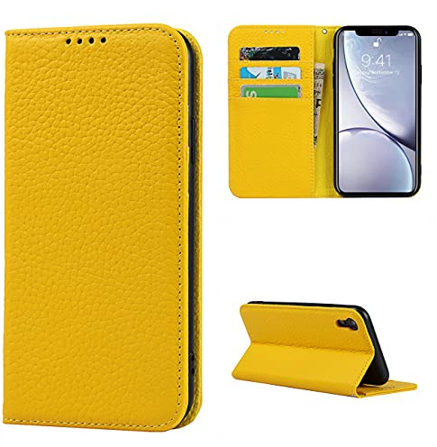 CAVOR Handyhülle kompatibel mit iPhone XR Hülle,Flip Echtleder Geldbörse Handyhülle,[4 Kartenfächer][Magnetisch][Mit Lanyard] Klapphülle Handytasche - Gelb