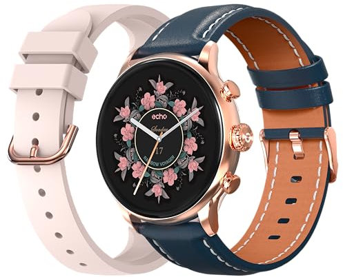 ECHO Rainbow Voyager-Montre Connectée Femme AMOLED 1.43'' Or Rose-Appel Bluetooth/sans Fil & Capteurs Santé-Modes Sport avec Coaching-2 Bracelets Cuir Microfibre & Gomme-Légère & étanche-Android/iOS