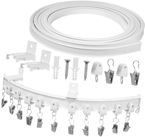 Cabilock Gardinenschiene mit Zubehör aus Kunststoff und Edelstahl Biegsame Flexible 5m mit Sicheren Klemmen Wandmontageschiene Komplettset für Wohnzimmer und Räume